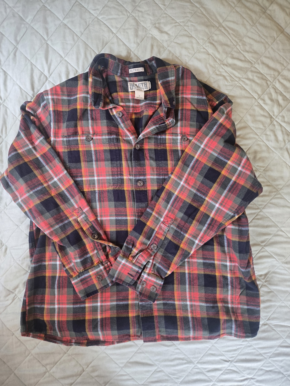 Duluth Trading Co Red and Navy Plaid Button-Down Shirt